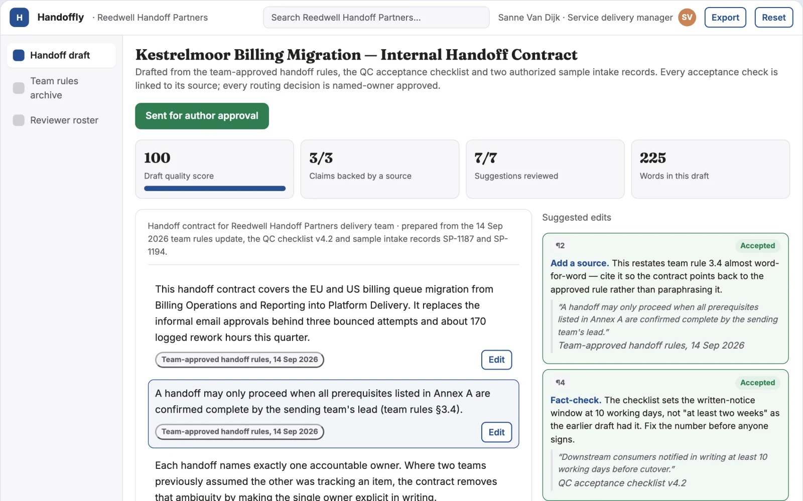 What Cross-team handoff contract generator looks like