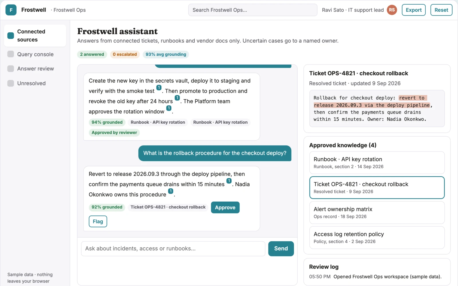 What Cross-tool source-linked knowledge assistant console looks like