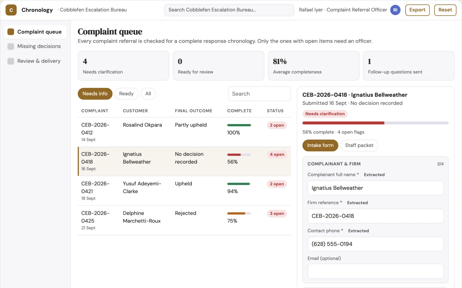 What Customer complaint evidence completeness looks like