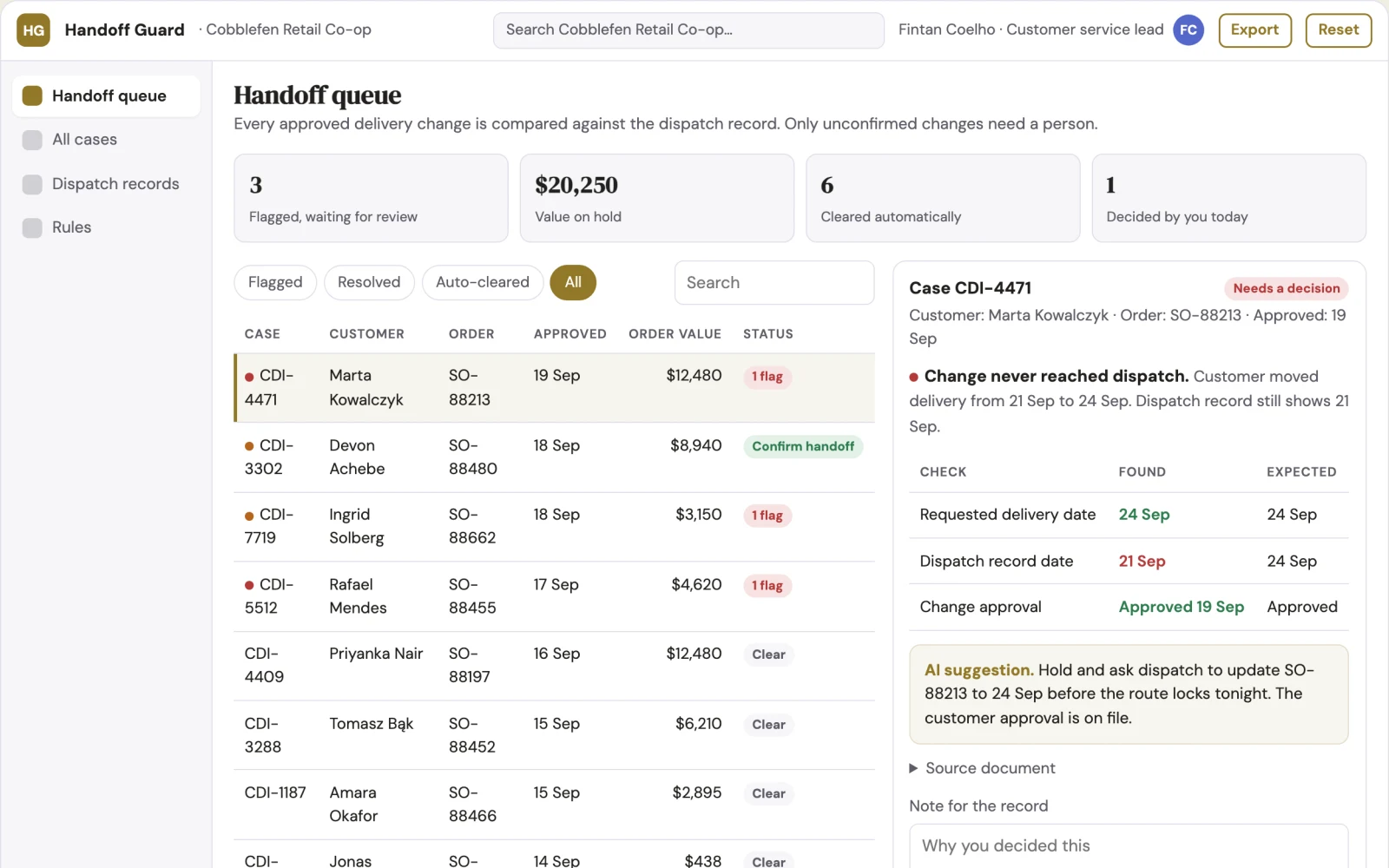 What Customer delivery instruction handoff looks like