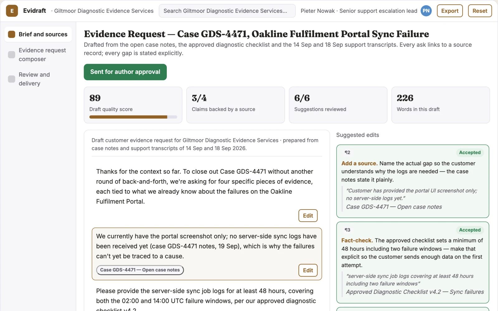 What Customer evidence request composer looks like