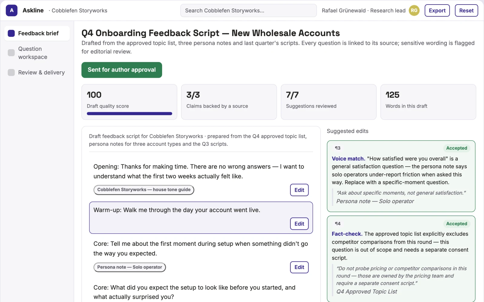 What Customer feedback question and script workbench looks like