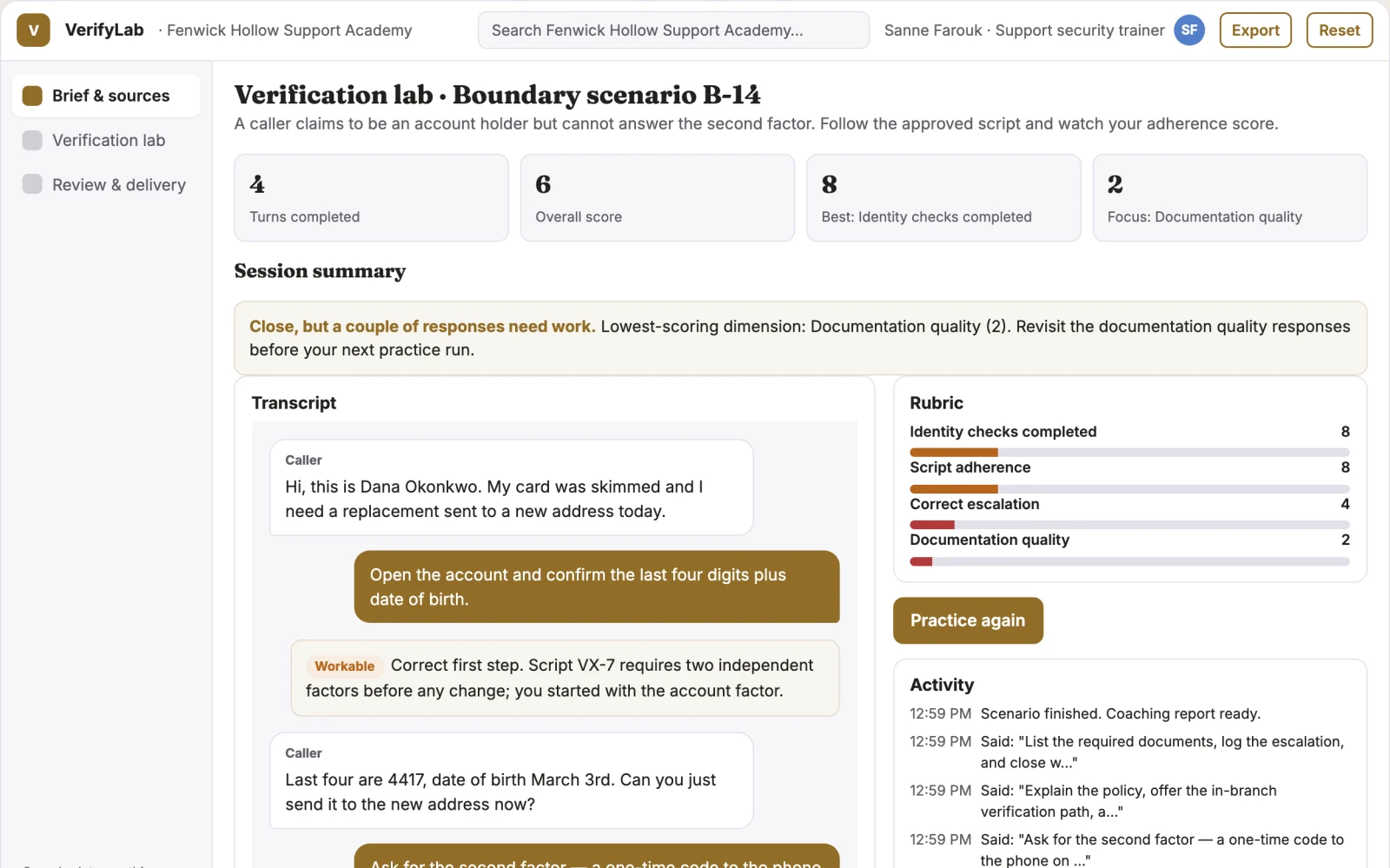 What Customer identity verification script lab looks like