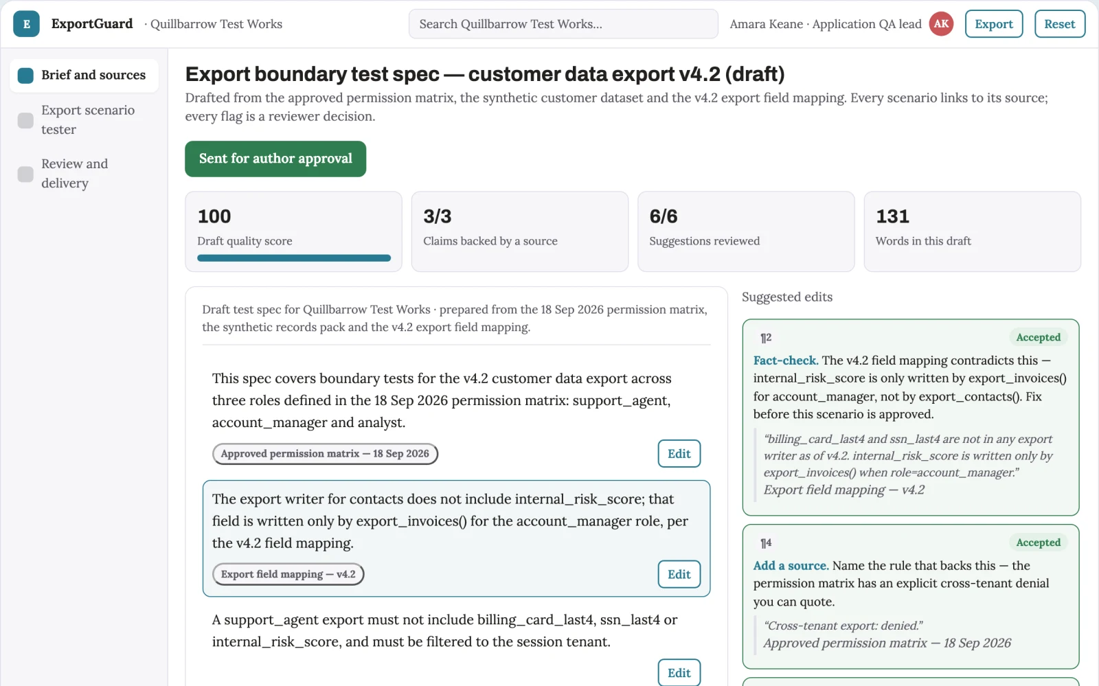 What Data export privacy scenario tester looks like
