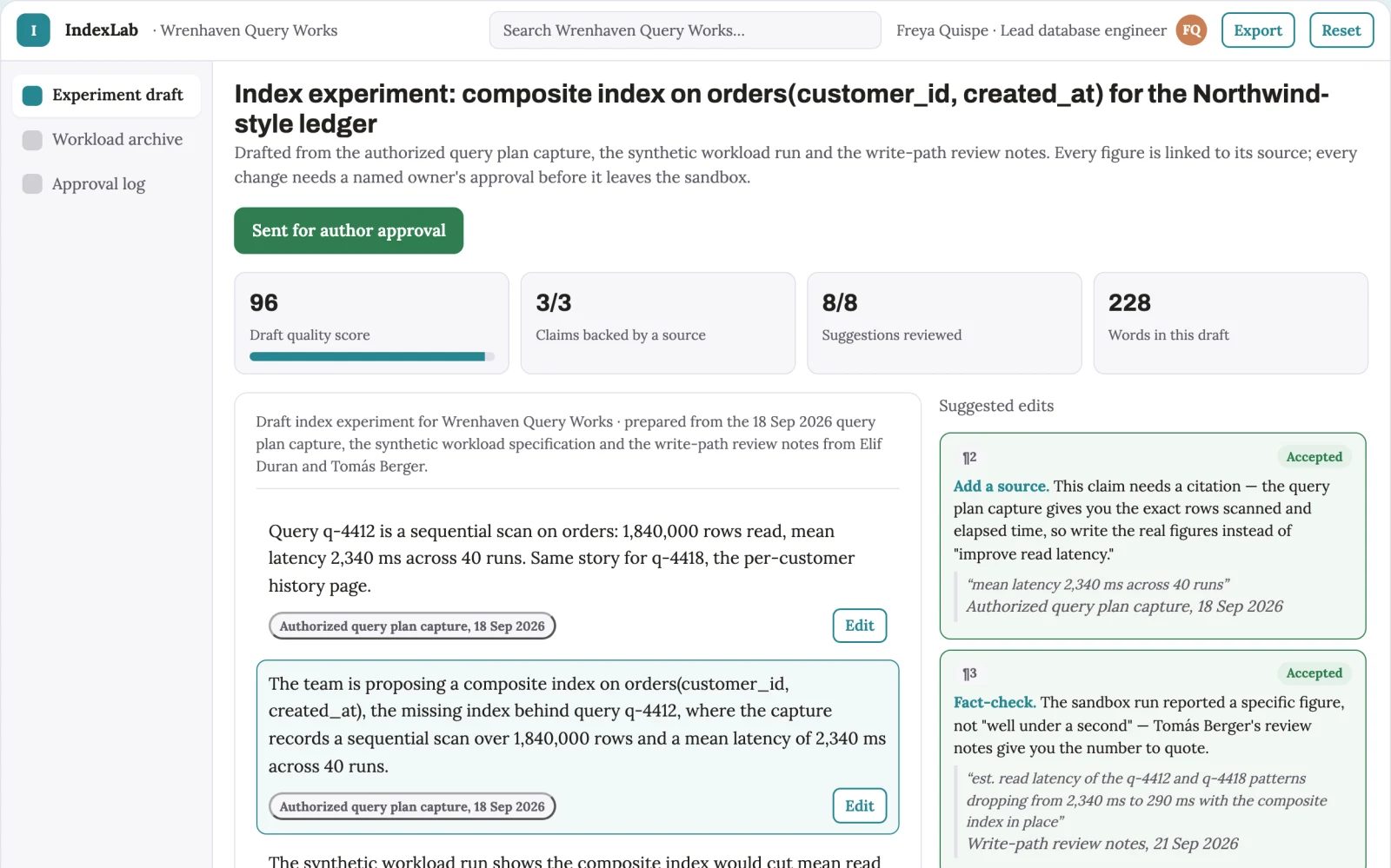 What Database index value experiment lab looks like