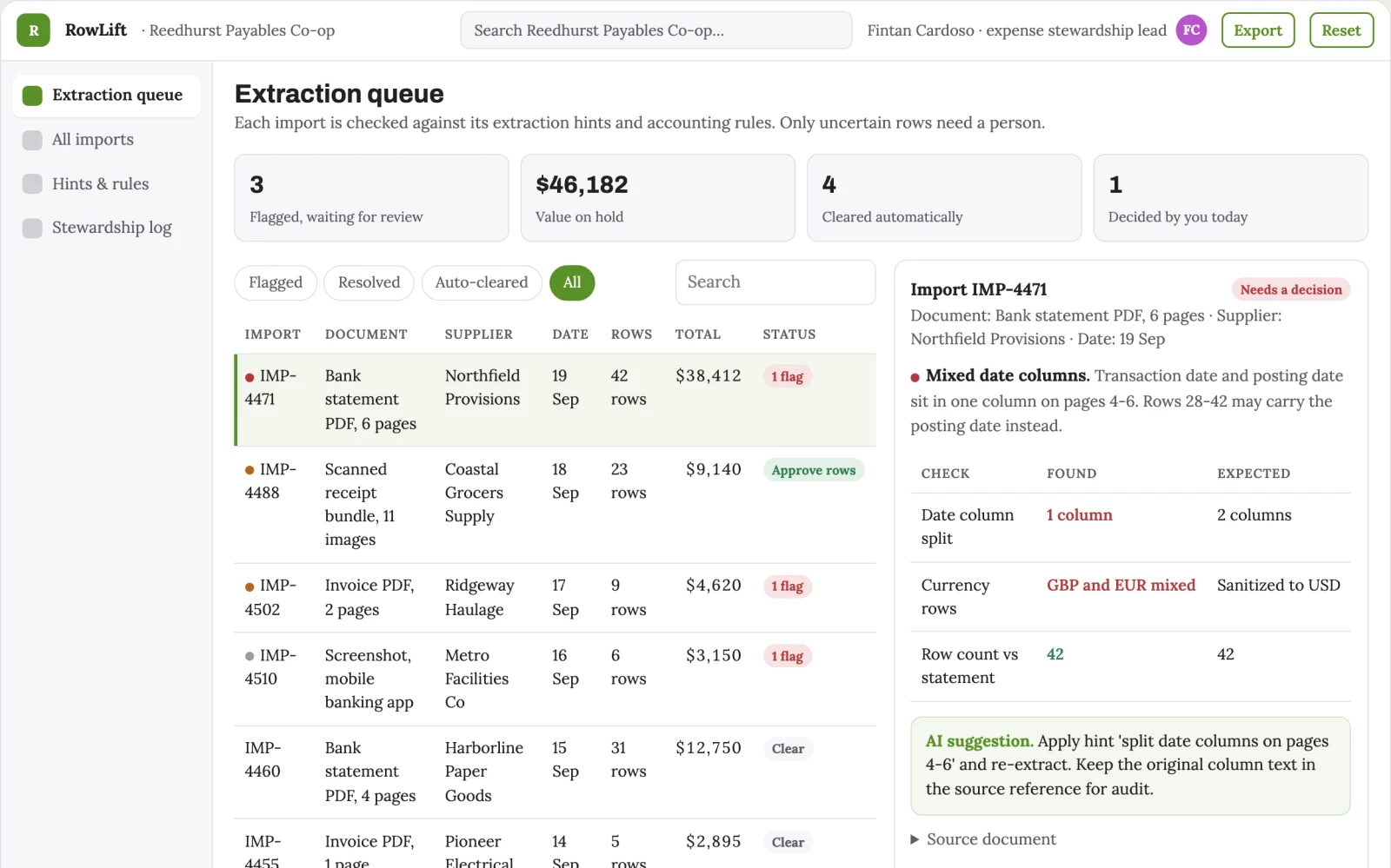 What Document-to-spreadsheet extraction and expense stewardship console looks like