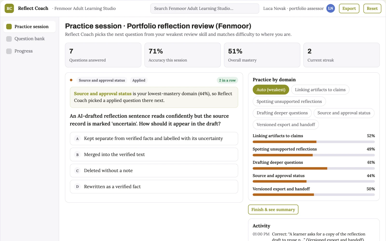 What Education portfolio reflection coach looks like