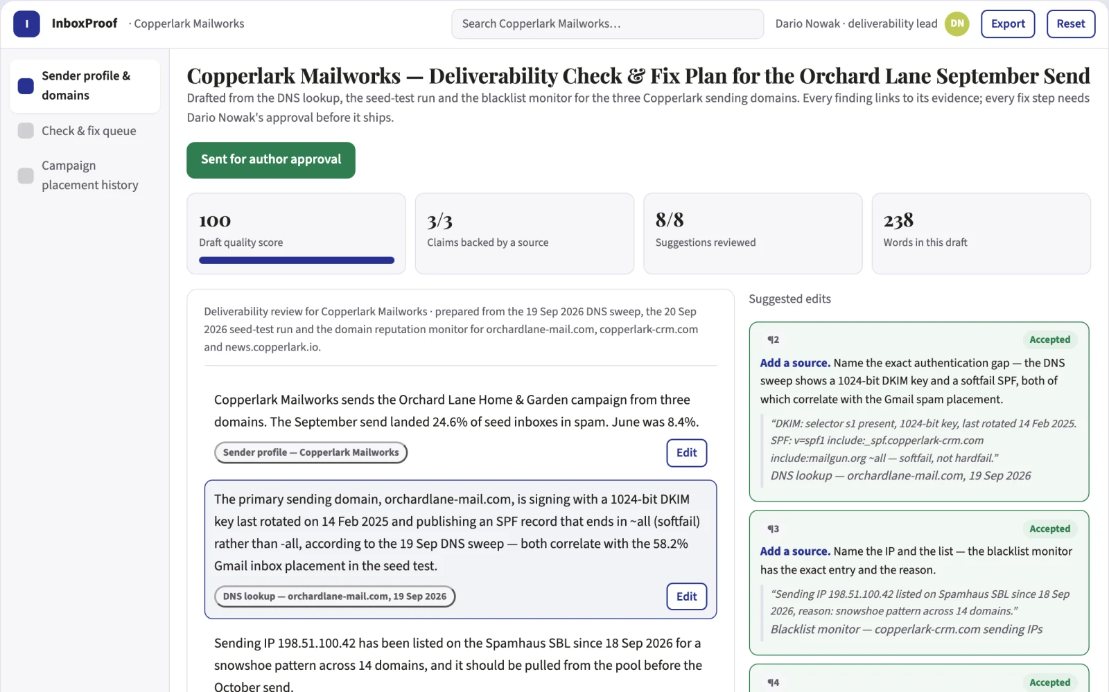 What Email deliverability check and fix workspace looks like