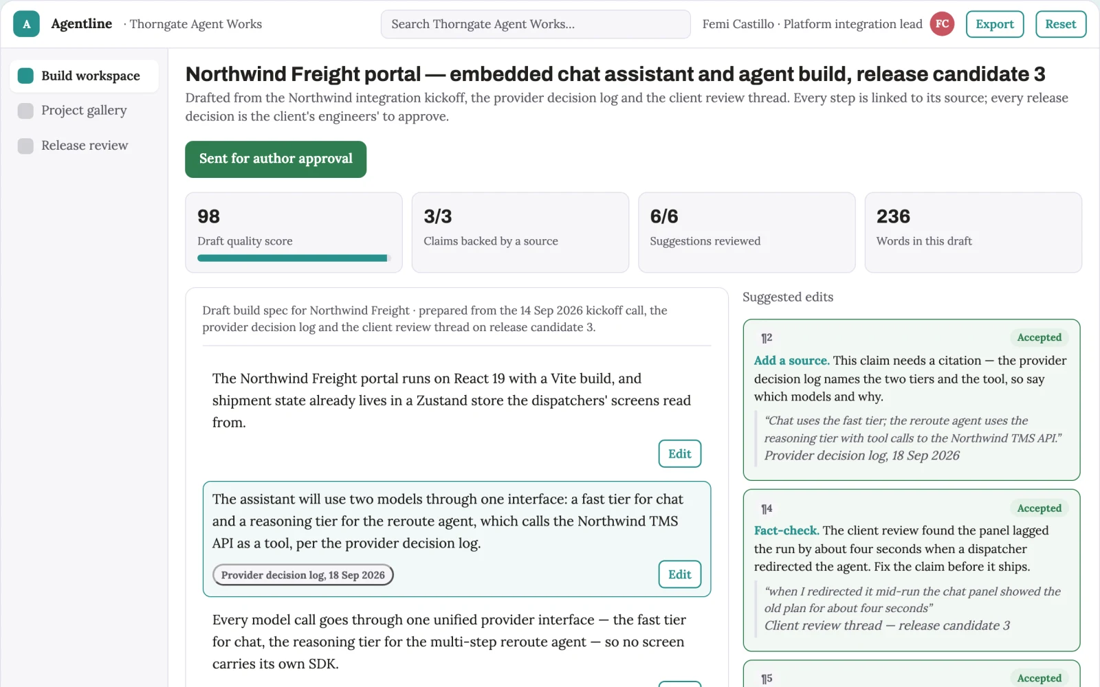 What Embedded chat assistant and agent delivery workspace looks like