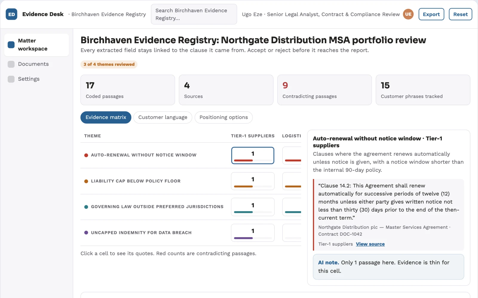 What Evidence-backed document analysis and reporting workspace looks like