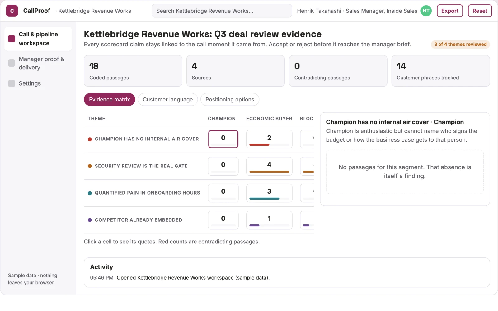 What Evidence-backed sales call and pipeline workbench looks like