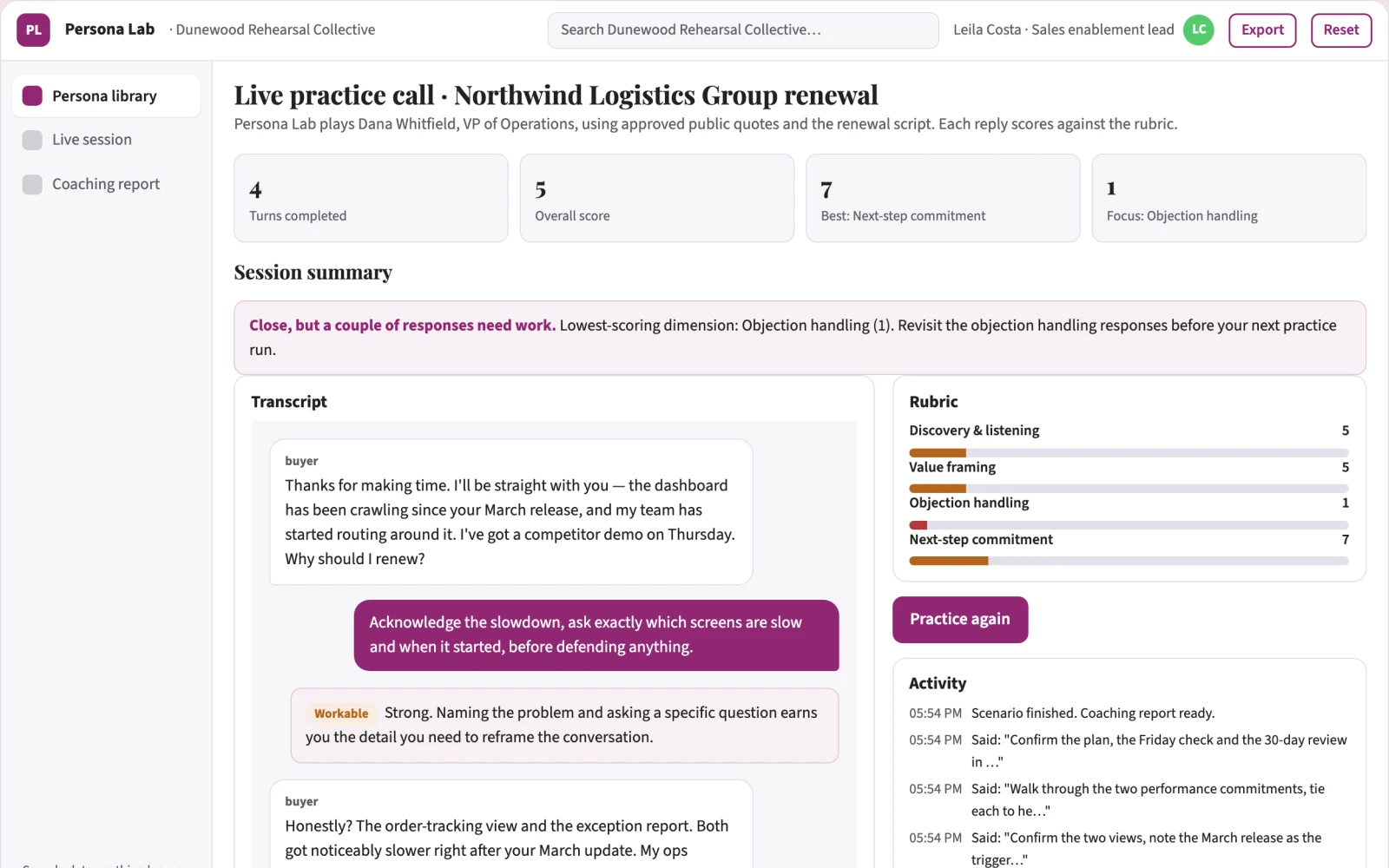 What Expert persona practice and coaching platform looks like