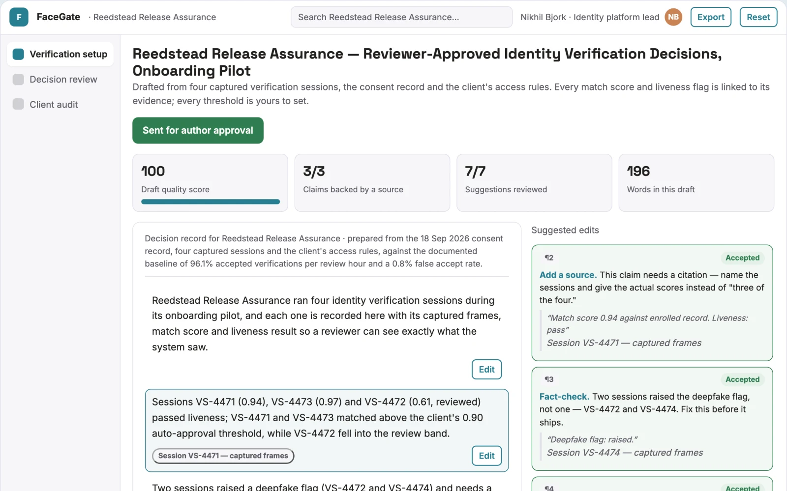What Face identity verification delivery workspace looks like