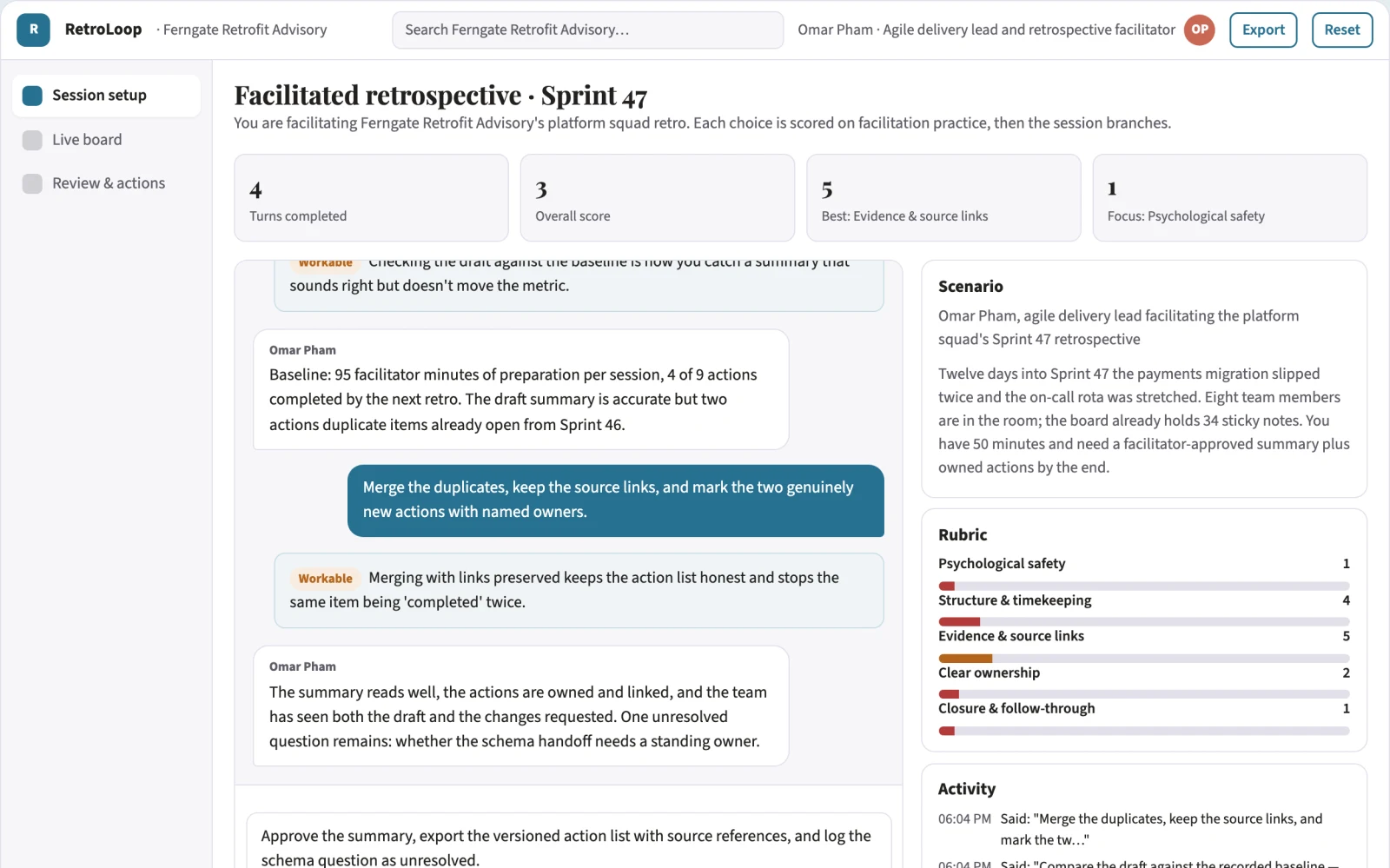 What Facilitated retrospective insight and action workbench looks like