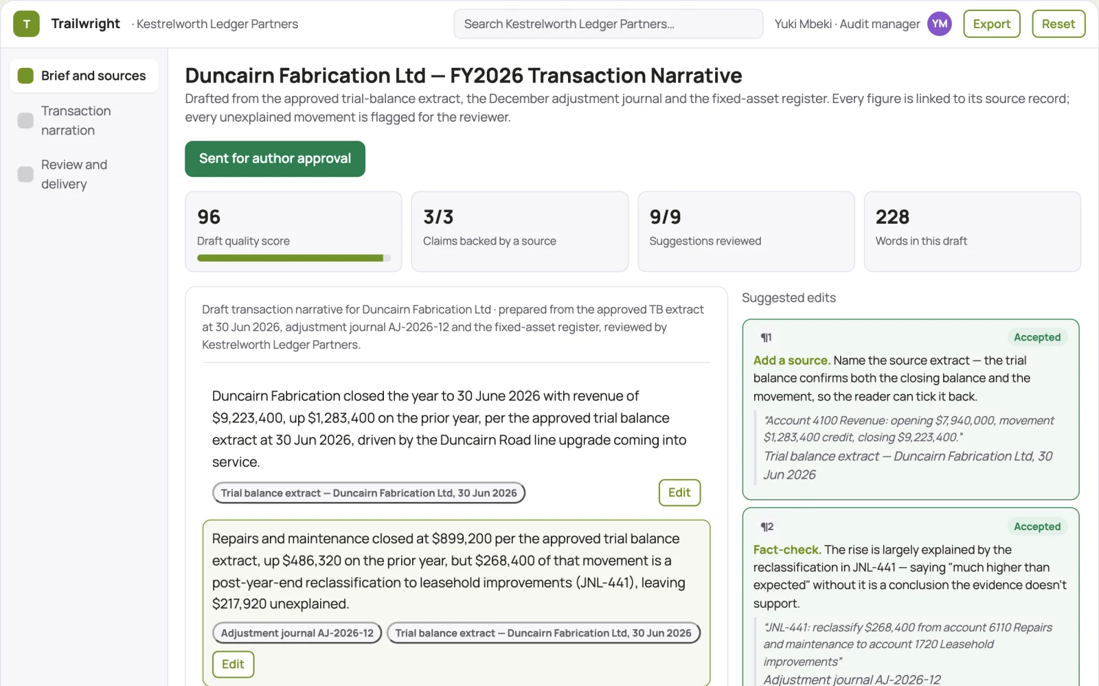 What Finance audit-trail narration looks like