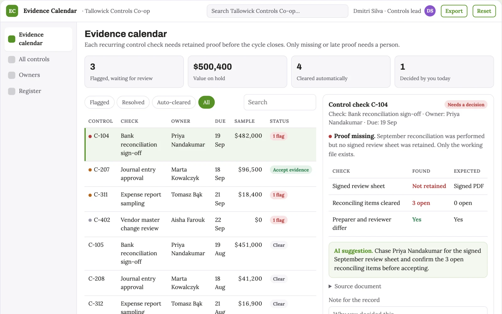 What Finance control evidence calendar looks like
