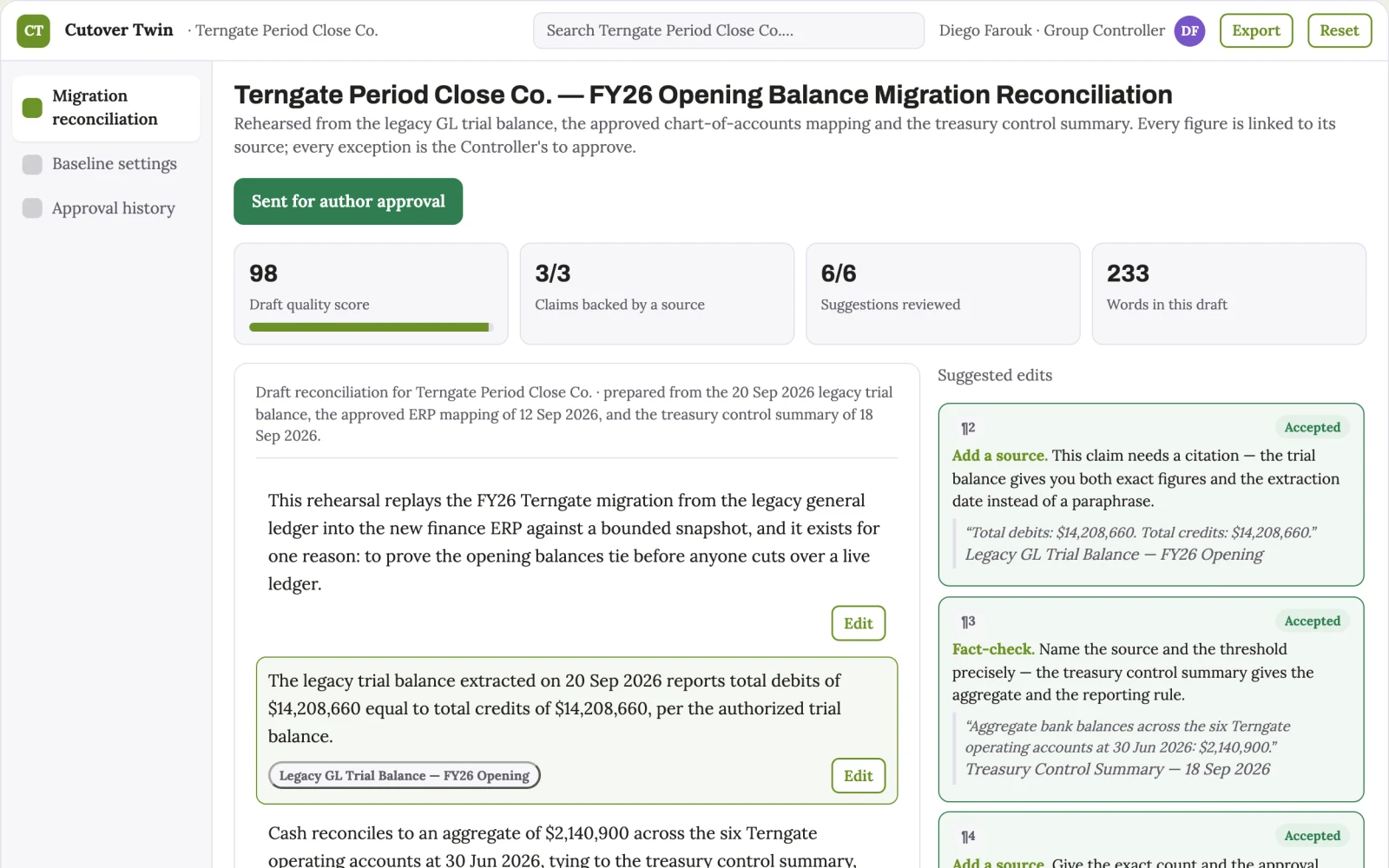 What Finance ERP cutover reconciliation twin looks like