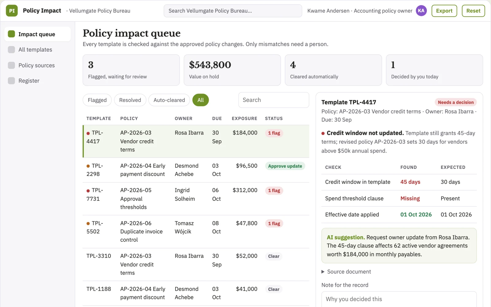 What Finance policy version impact desk looks like
