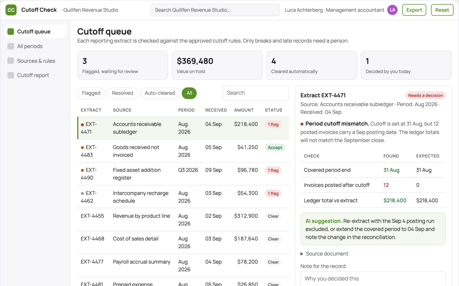 What Finance reporting cutoff checker looks like