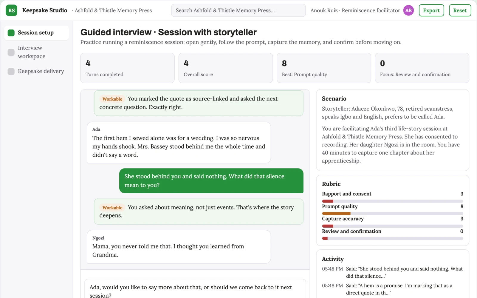 What Guided life-story capture and keepsake studio looks like