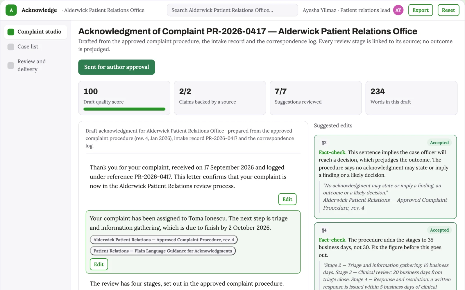 What Healthcare complaint acknowledgment studio looks like