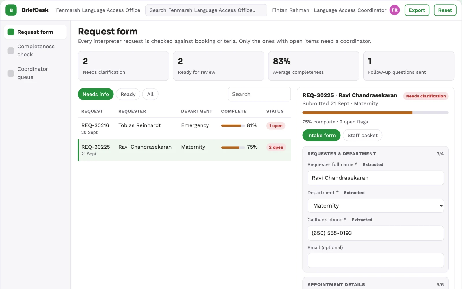 What Healthcare interpreter booking brief looks like