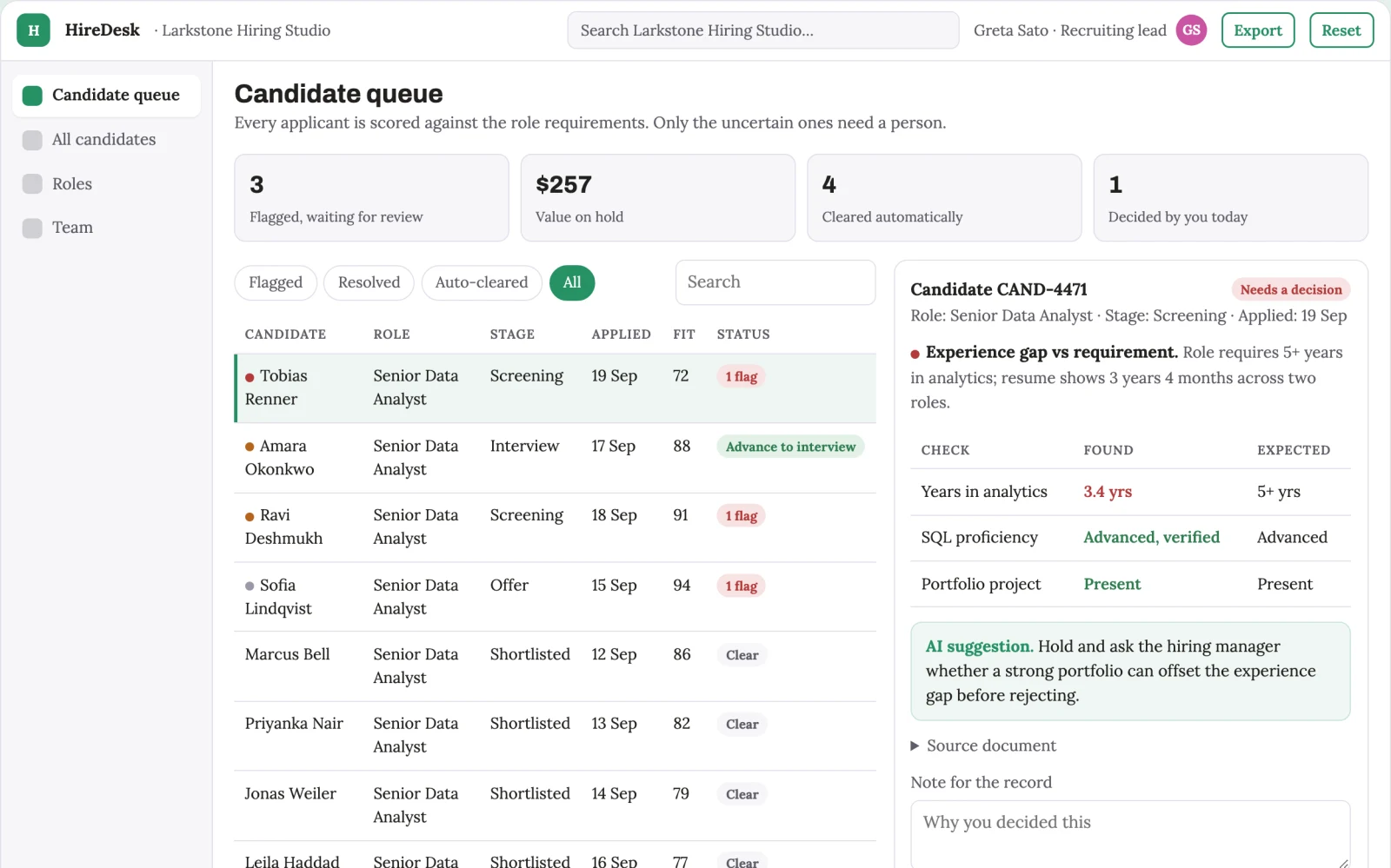What Hiring coordination and candidate screening portal looks like
