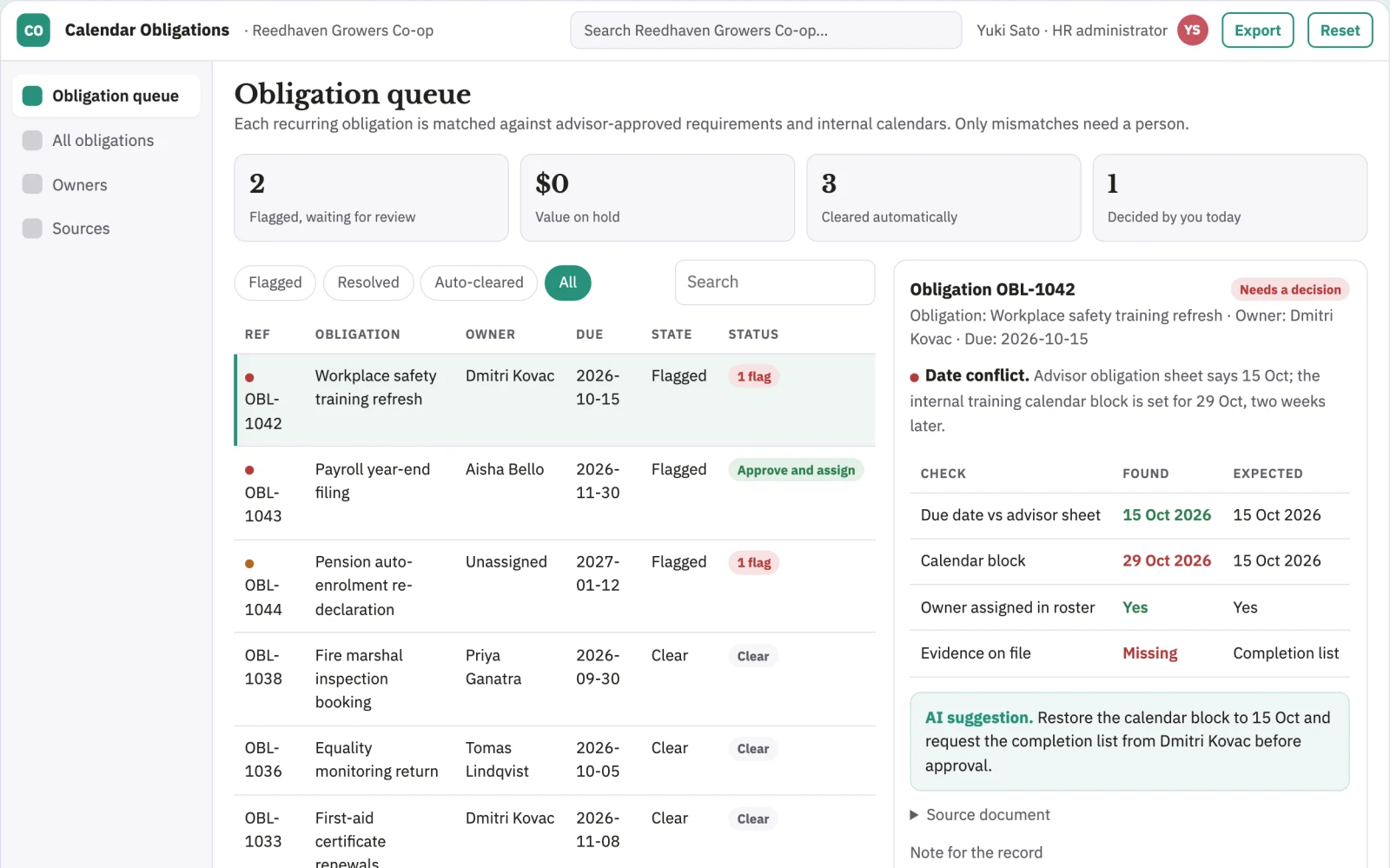What HR calendar obligation organizer looks like
