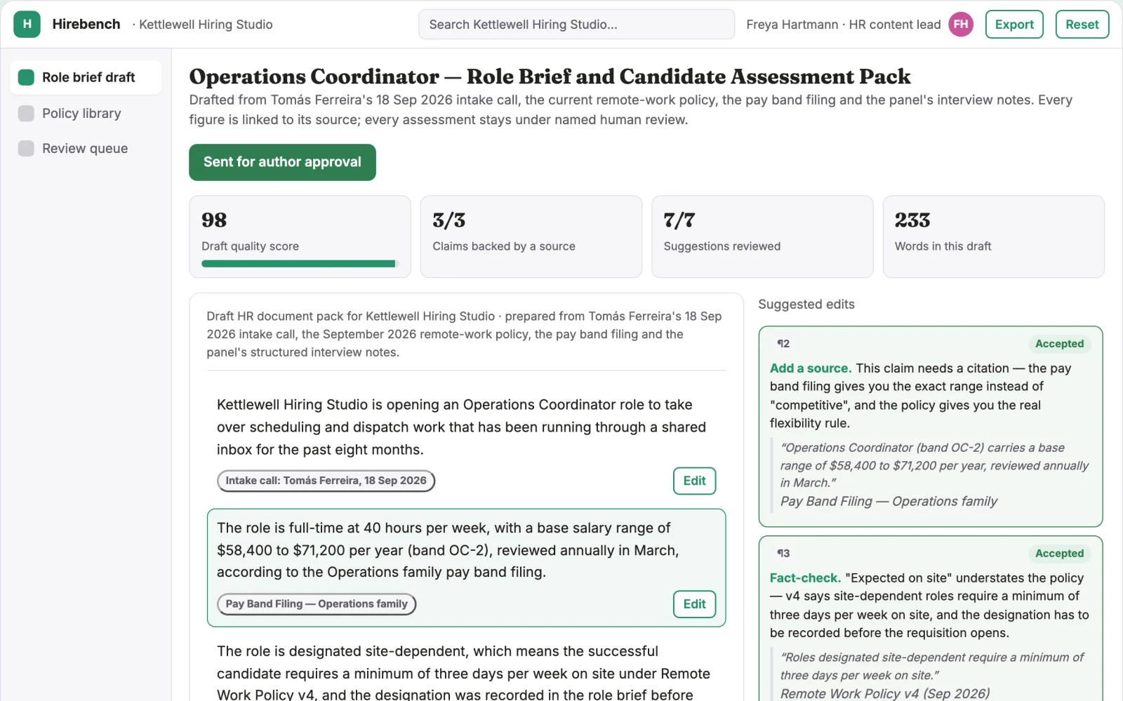 What HR document and hiring content workbench looks like