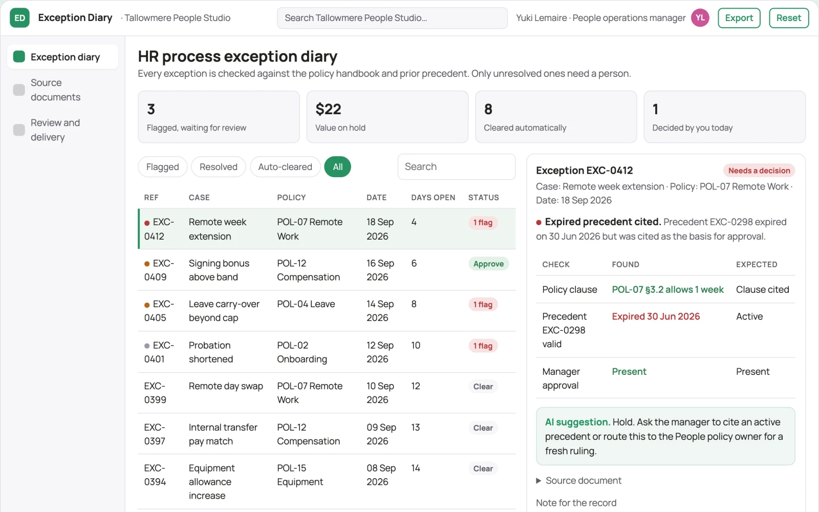 What HR process exception diary looks like