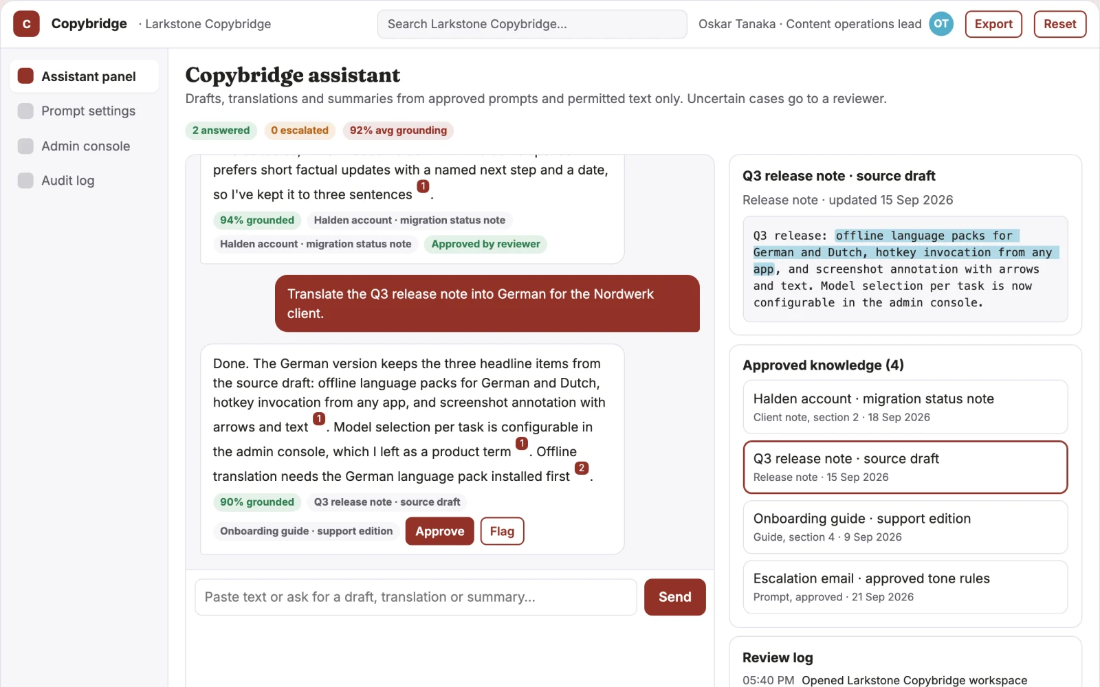 What In-app writing assistance and admin console looks like