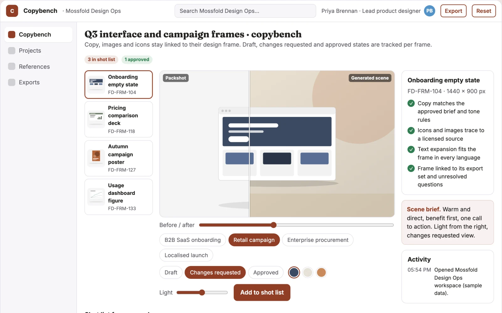 What In-design copy and asset generation workbench looks like
