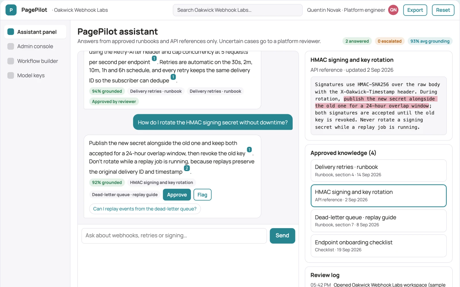 What In-page AI assistant and admin console looks like