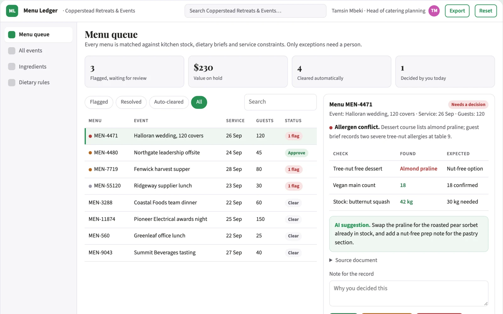 What Ingredient-led menu and dietary plan library looks like