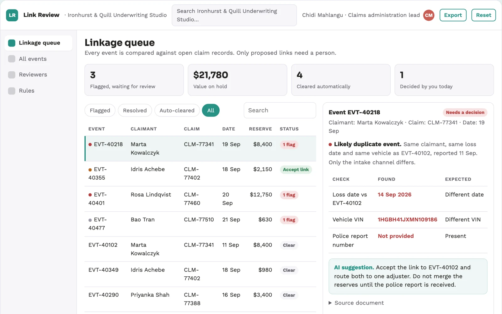 What Insurance claim file duplicate-event resolver looks like