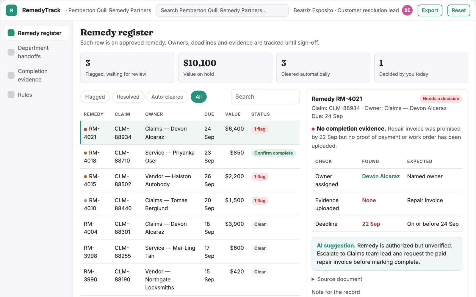 What Insurance complaint remedy follow-through looks like