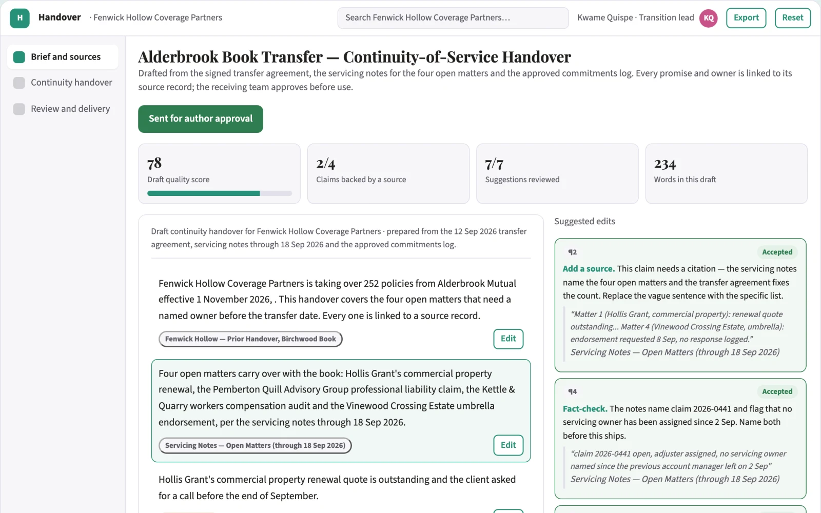 What Insurance continuity-of-service handover looks like