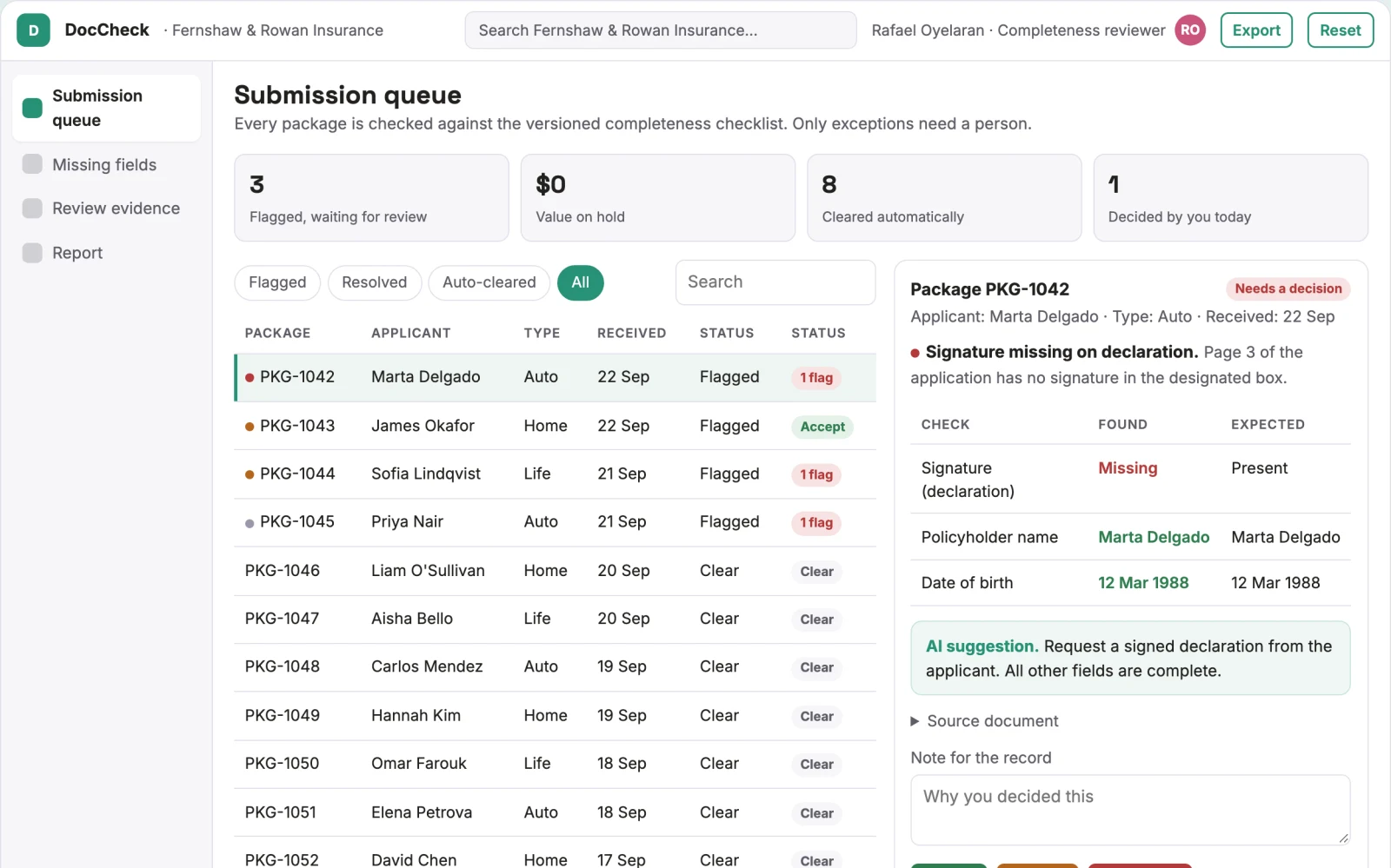 What Insurance document completeness checker looks like
