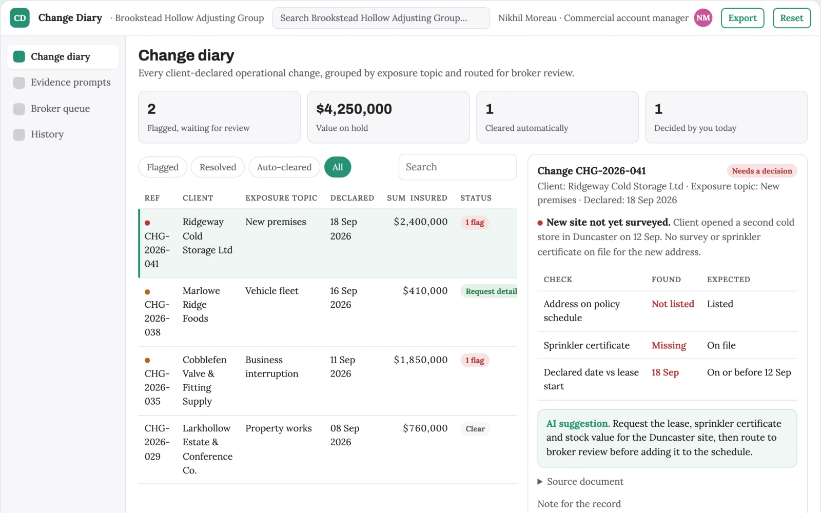 What Insurance exposure change diary looks like