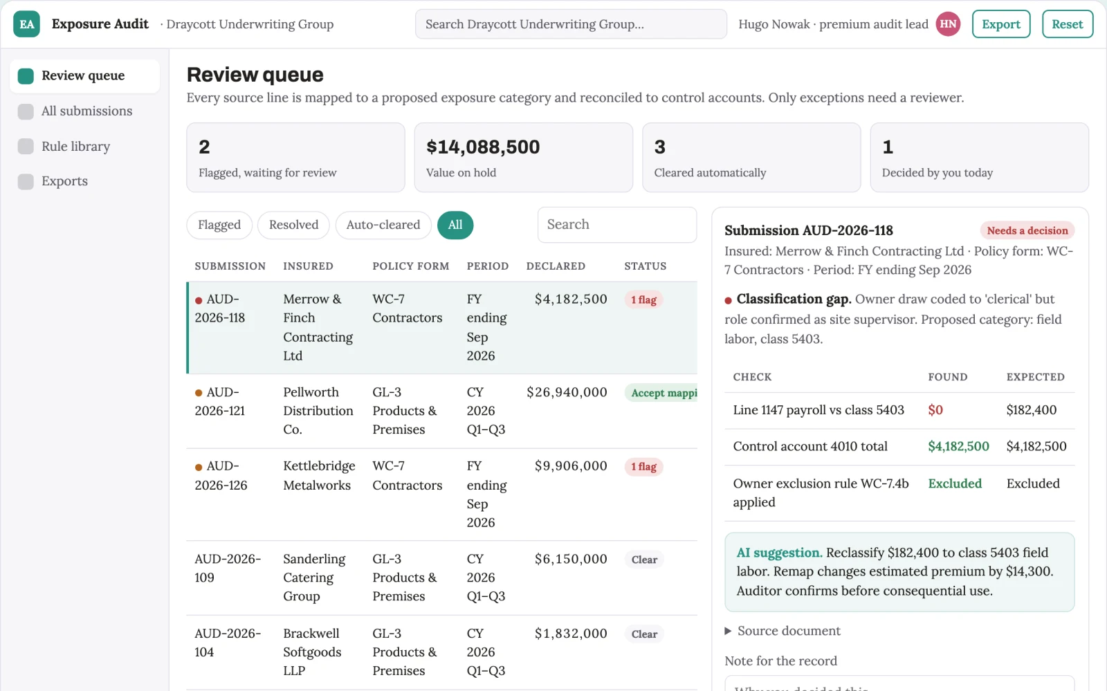 What Insurance premium audit exposure workbench looks like