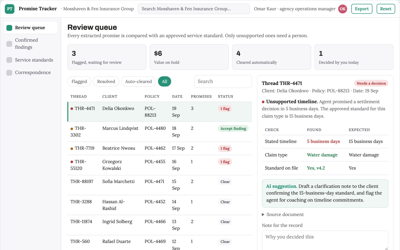 What Insurance service promise tracker looks like