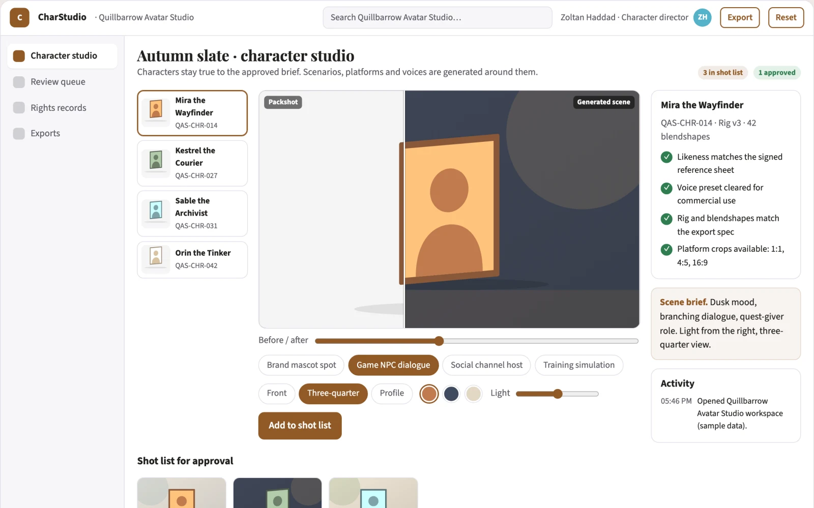 What Interactive character studio with managed creative review looks like