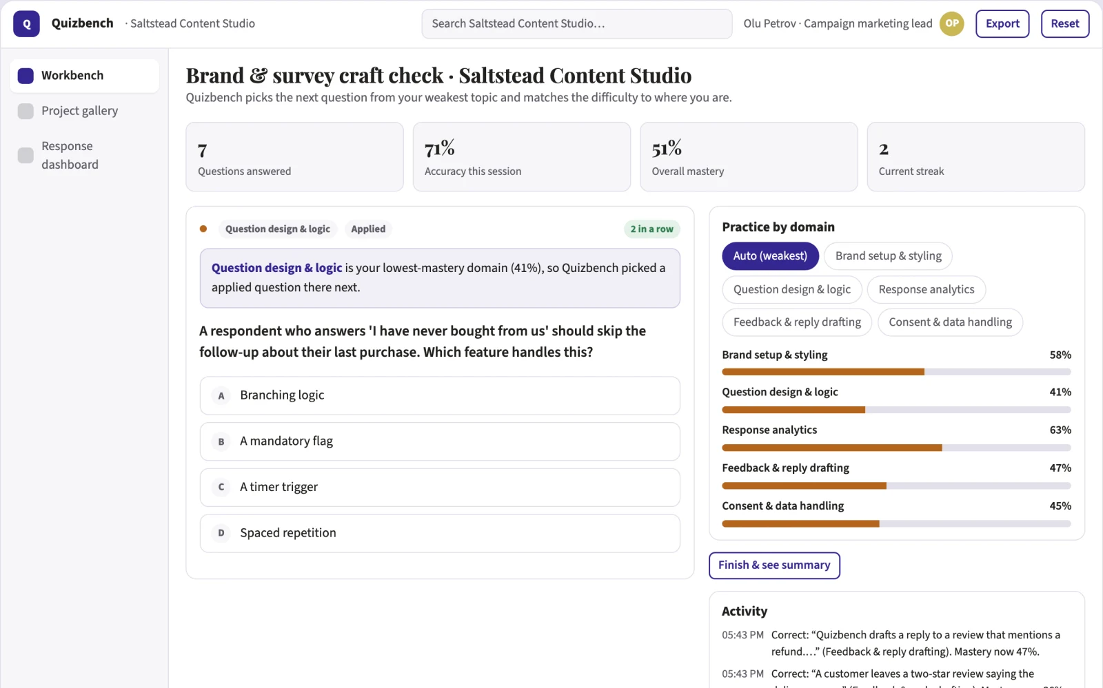 What Interactive quiz, survey and feedback workbench looks like
