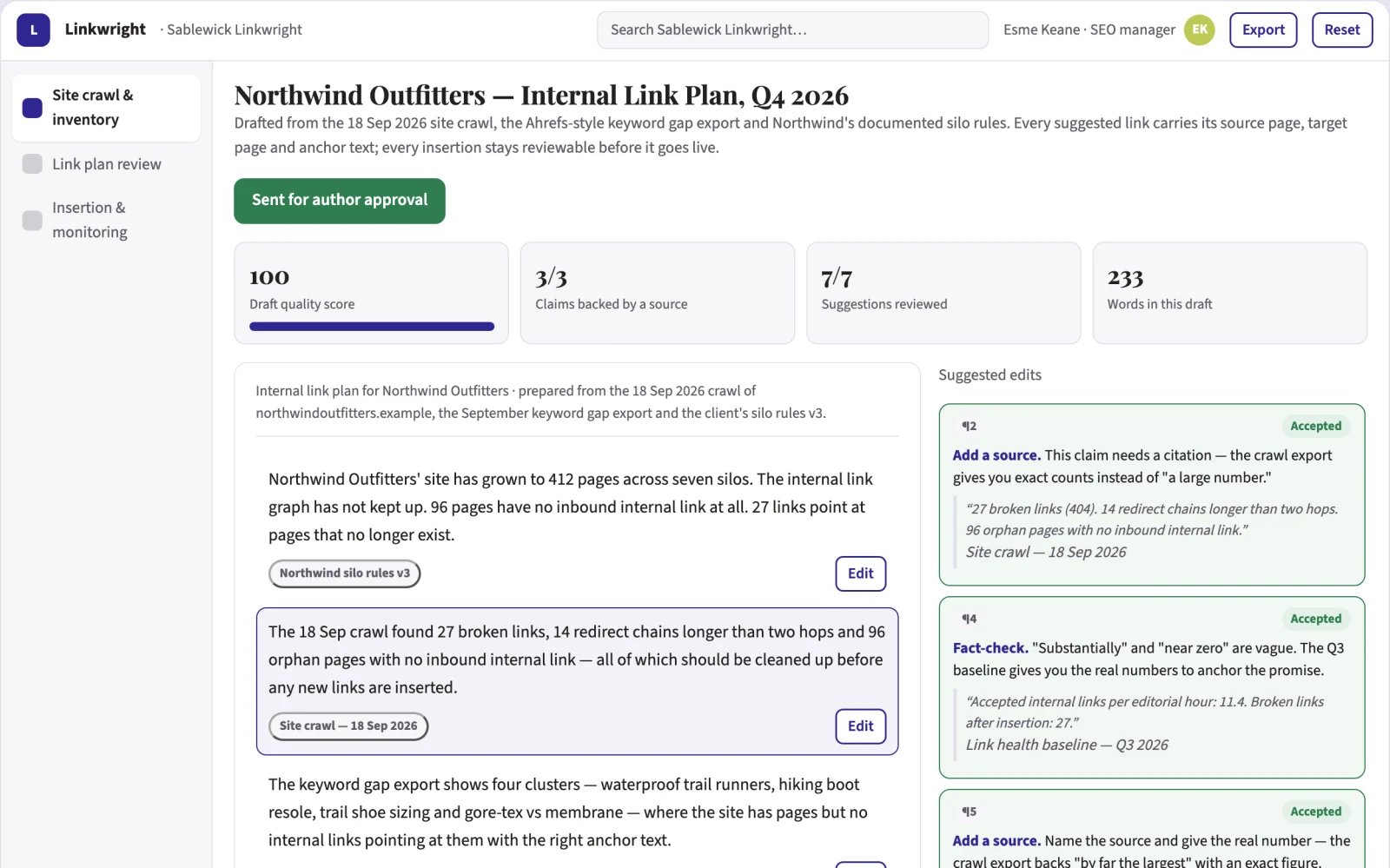What Internal link planning and insertion workspace looks like