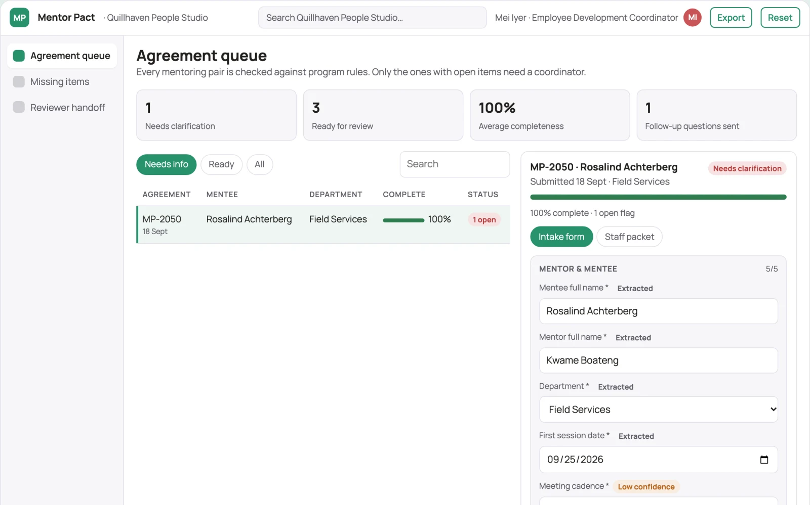 What Internal mentoring agreement builder looks like