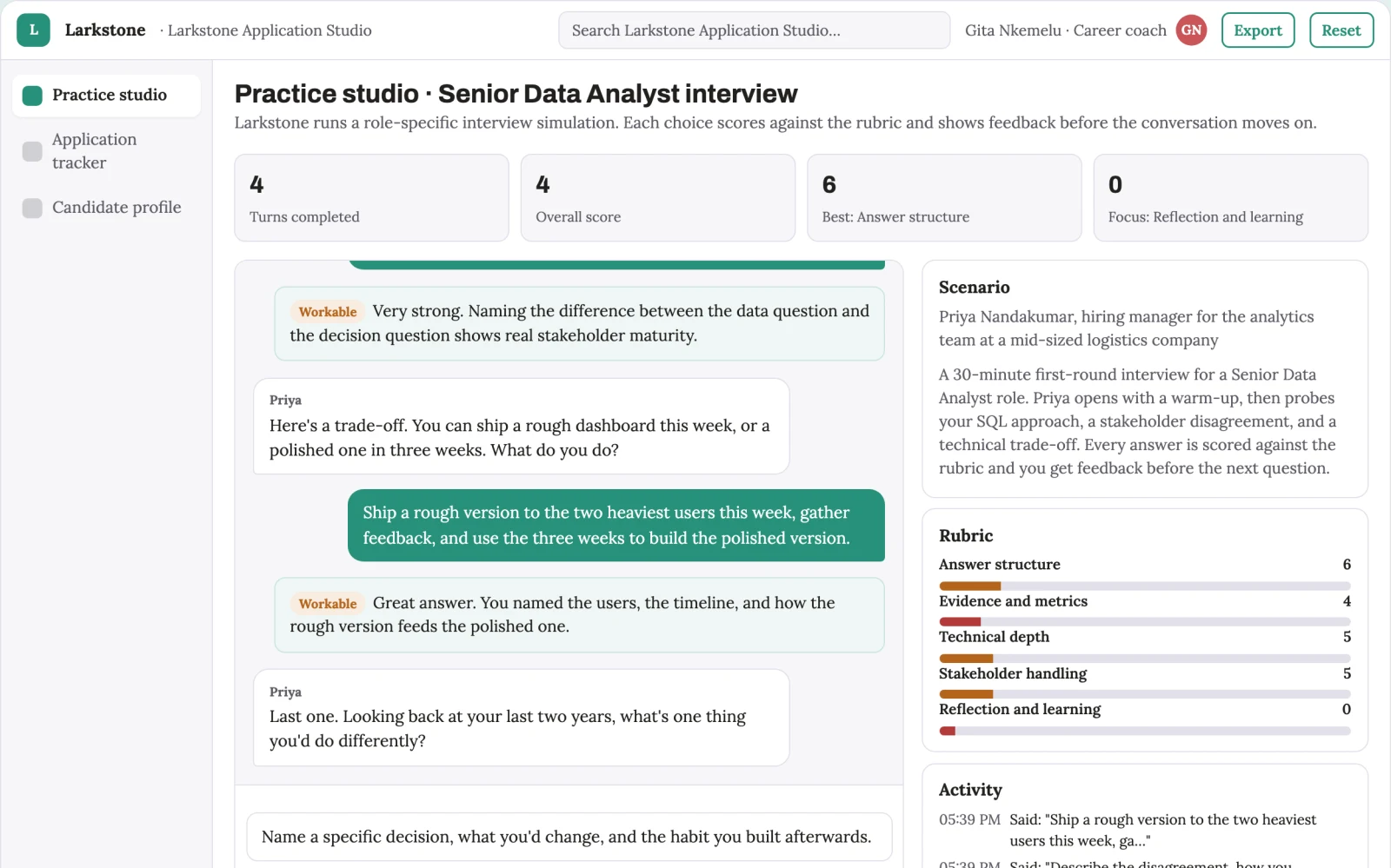 What Interview practice and application management workbench looks like
