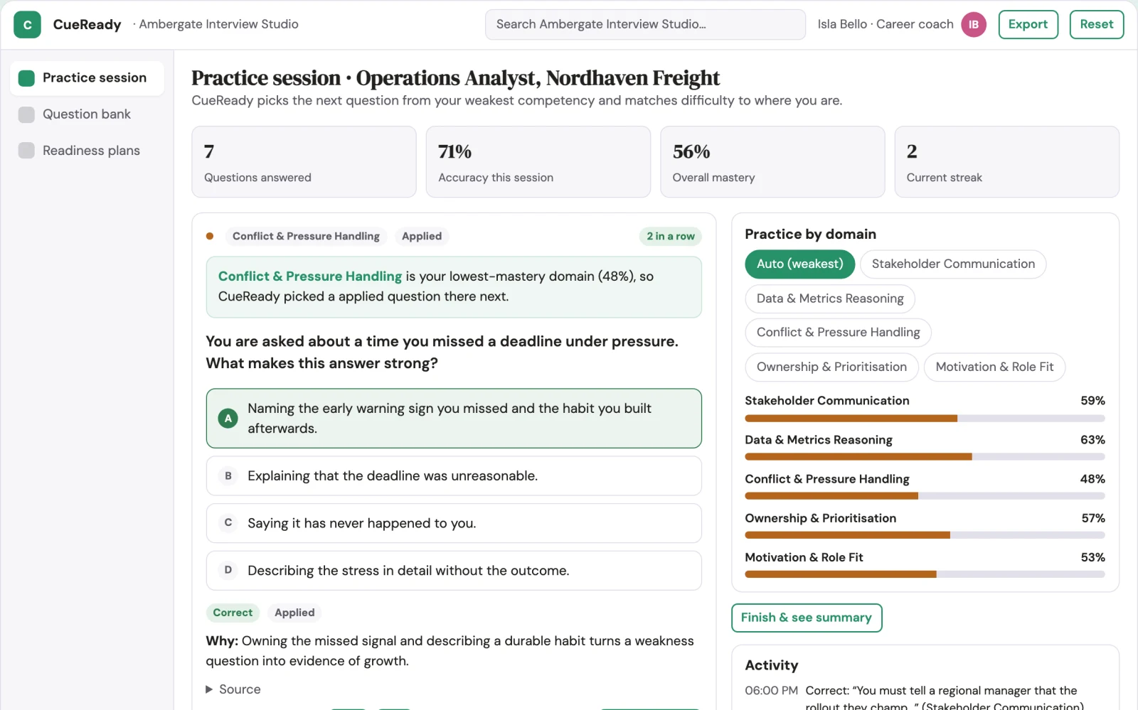 What Interview readiness practice and live support workbench looks like