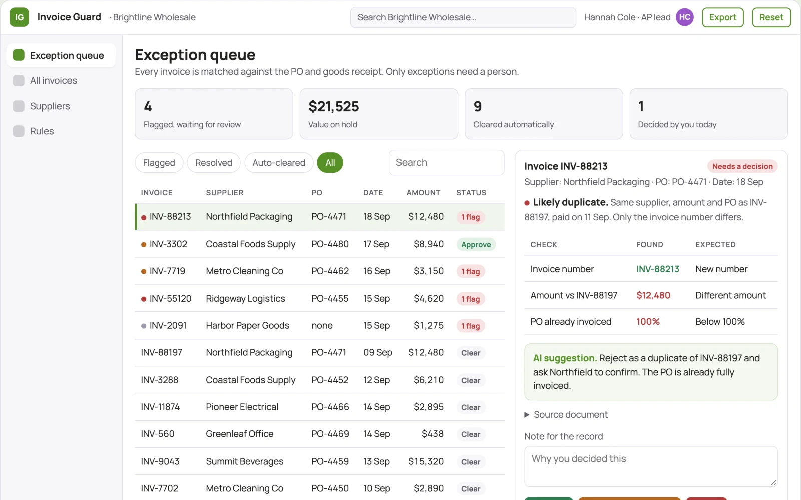 What Invoice exception detector looks like