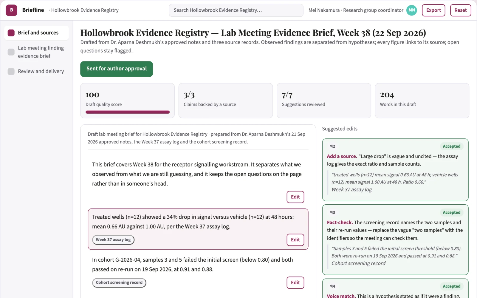 What Lab meeting finding evidence brief looks like