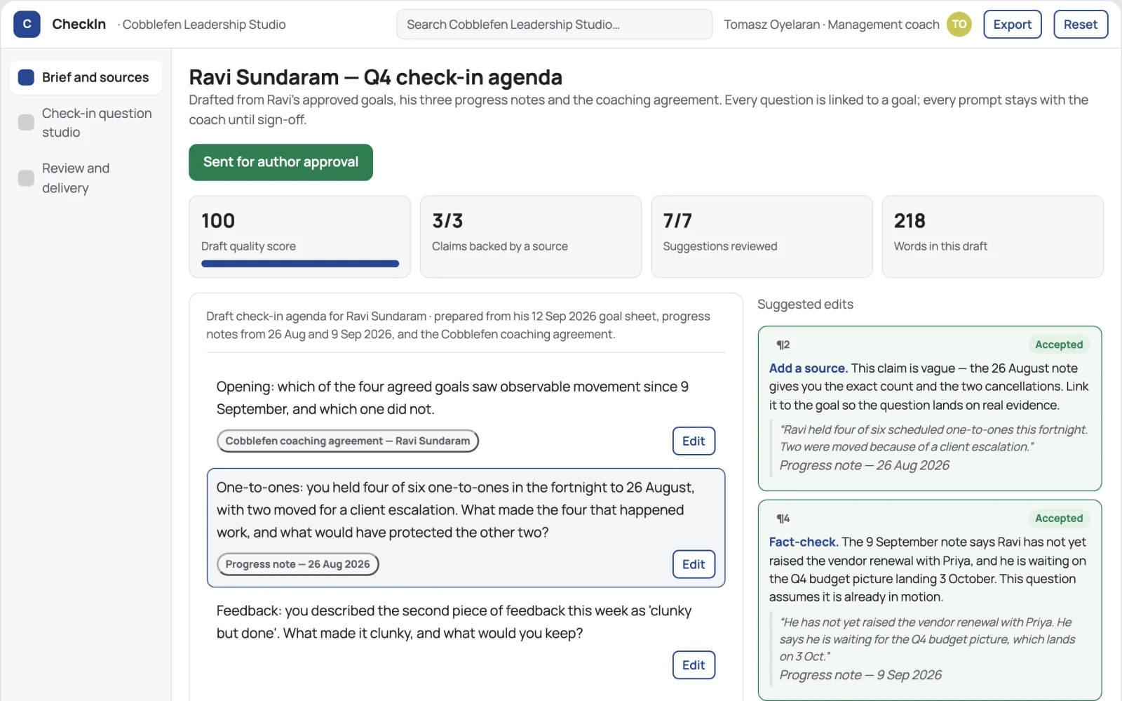 What Leadership check-in question studio looks like